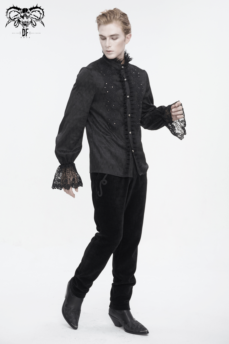 Elegant Victorian black shirt with lace trim and high collar, showcasing regal style and noble sophistication.