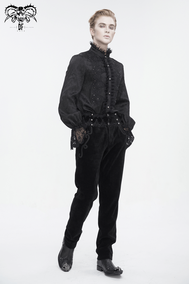 Elegant Victorian style black shirt with lace trim and high collar on a model, exuding refined nobility.