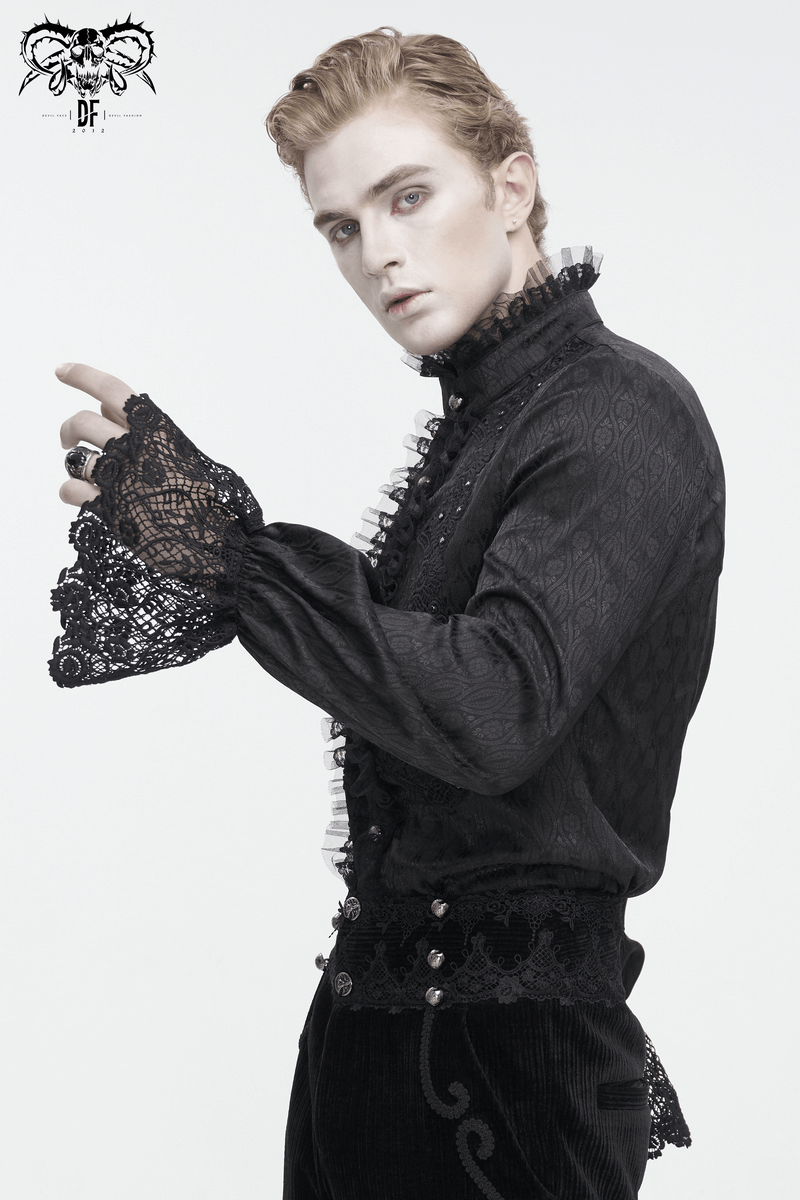 Elegant Victorian lace-trimmed black shirt with high collar, featuring intricate lace cuffs and noble style.