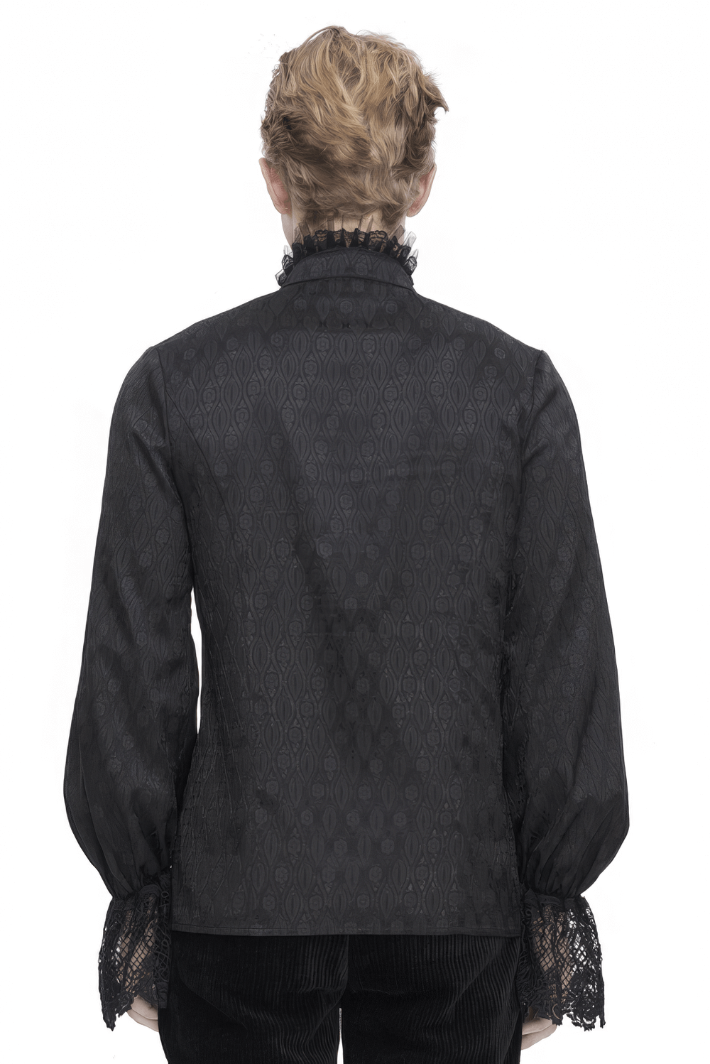 Elegant Victorian Lace-Trimmed High-Collar Black Shirt