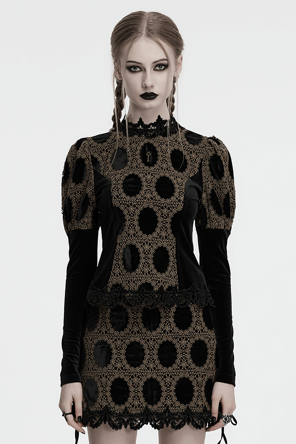 Elegant Victorian lace velvet top with bubble sleeves and intricate black pattern, perfect for gothic fashionistas.