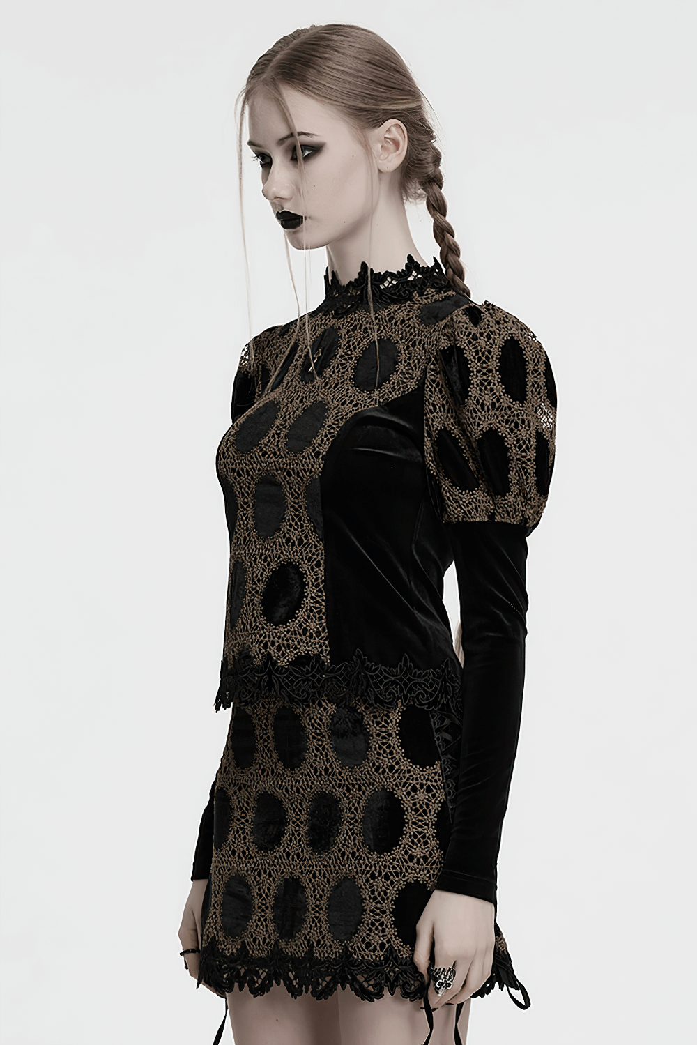Elegant Victorian lace velvet top with bubble sleeves, styled beautifully in black and gold.