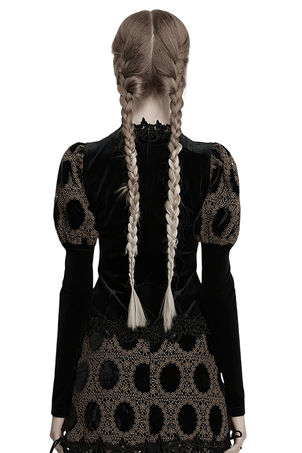 Elegant Victorian lace velvet top with bubble sleeves, viewed from the back, featuring braids and intricate detailing.