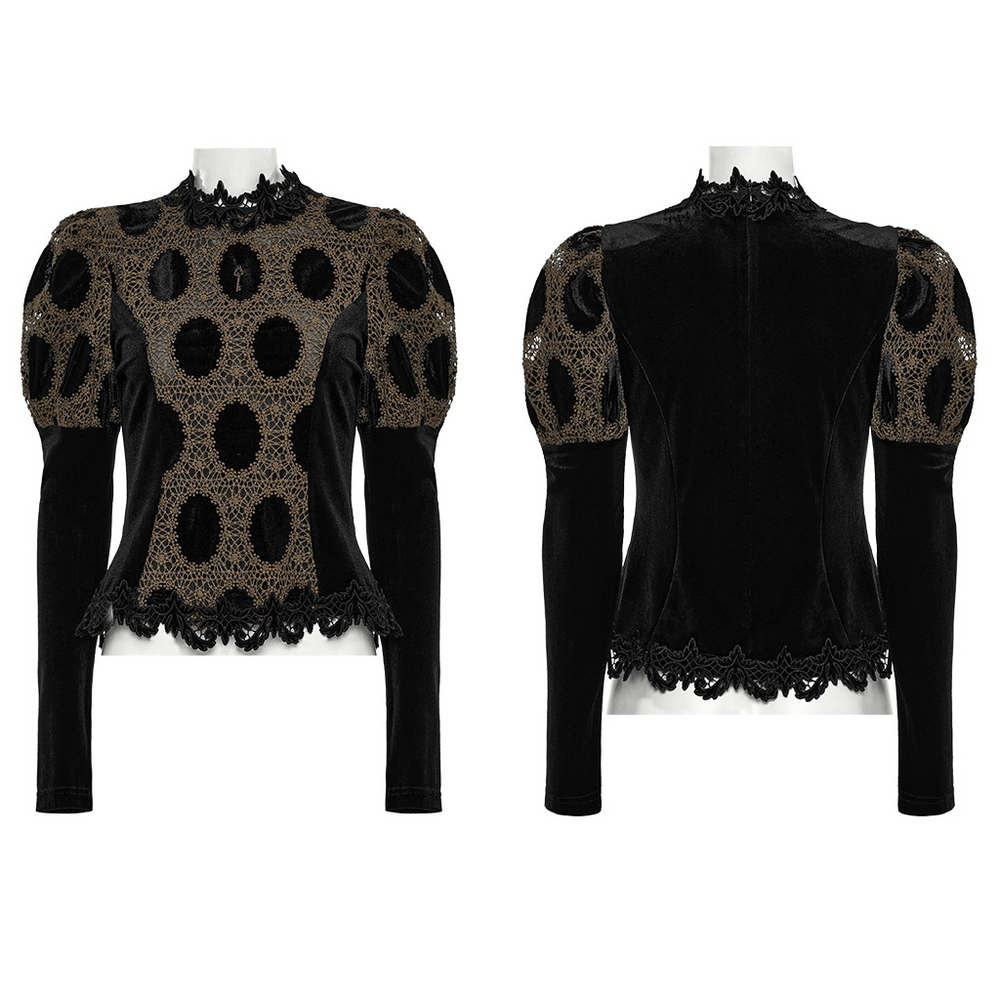 Elegant Victorian lace velvet top with bubble sleeves, showcasing intricate detailing and a stylish silhouette.