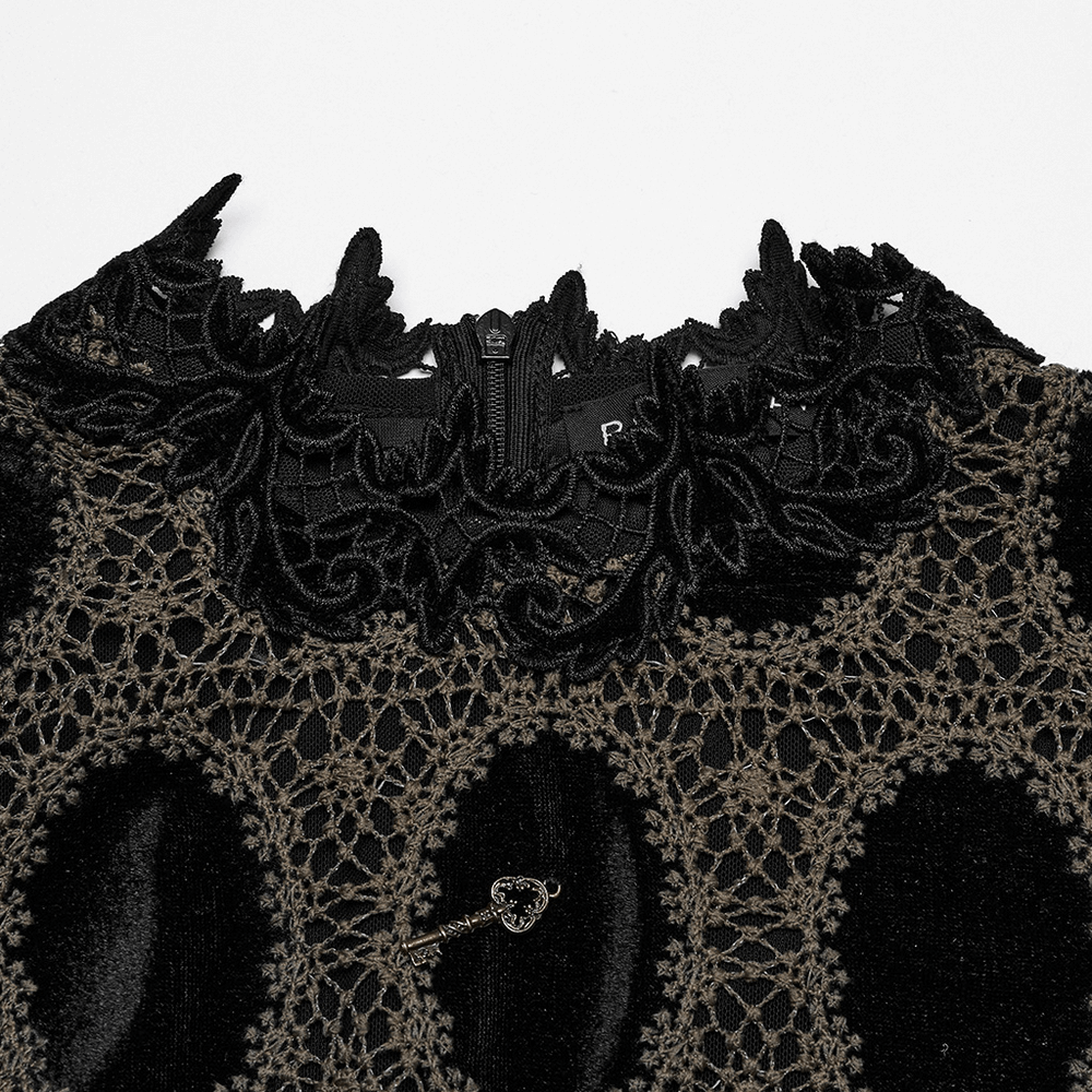 Elegant Victorian lace velvet top featuring bubble sleeves and intricate lace detailing on the collar.