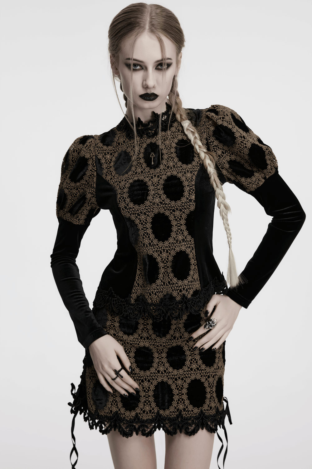 Elegant Victorian lace velvet top with bubble sleeves, styled in a Gothic fashion, showcasing intricate patterns.