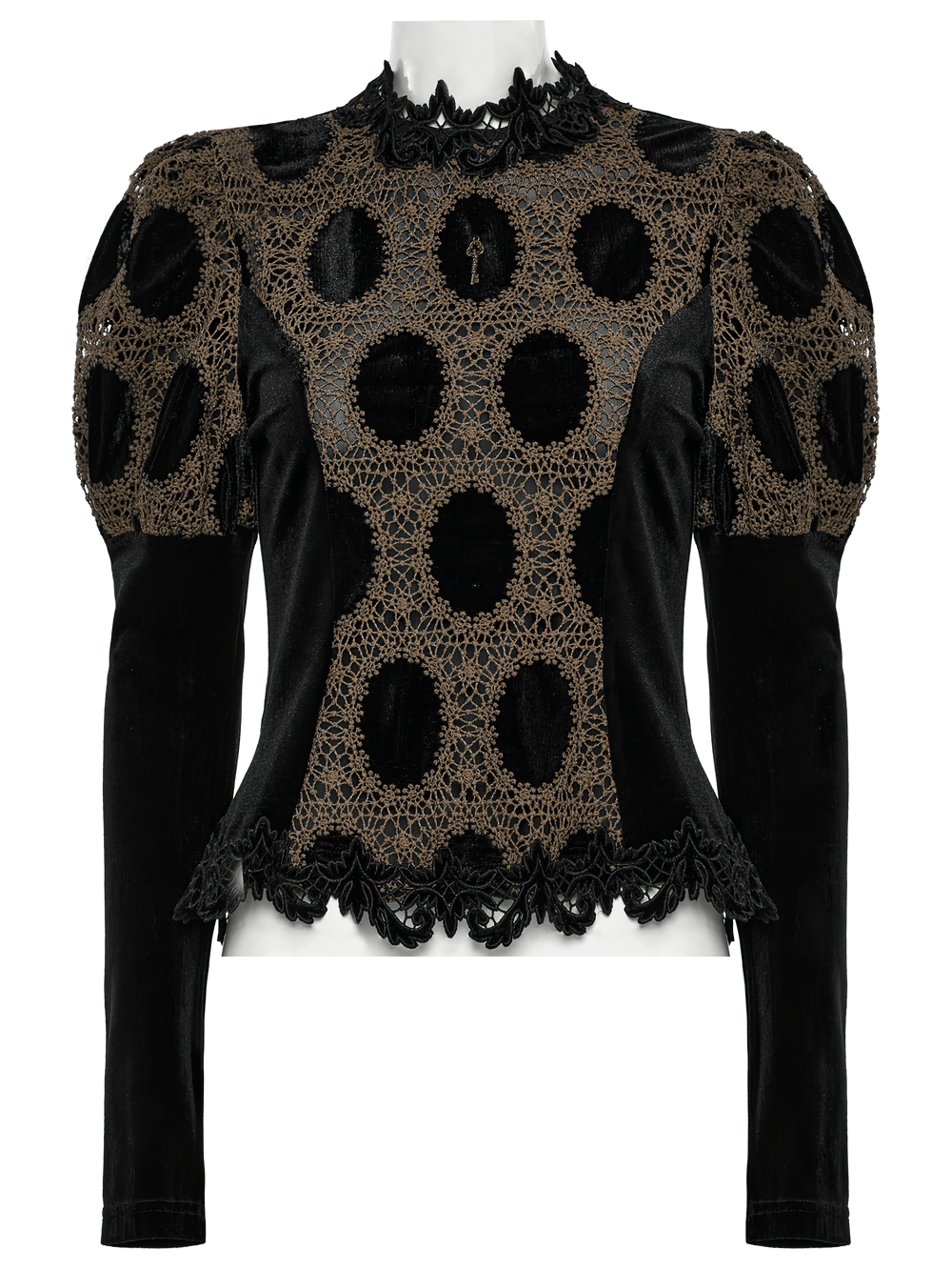 Elegant Victorian lace velvet top with bubble sleeves and intricate detailing, perfect for a sophisticated look.