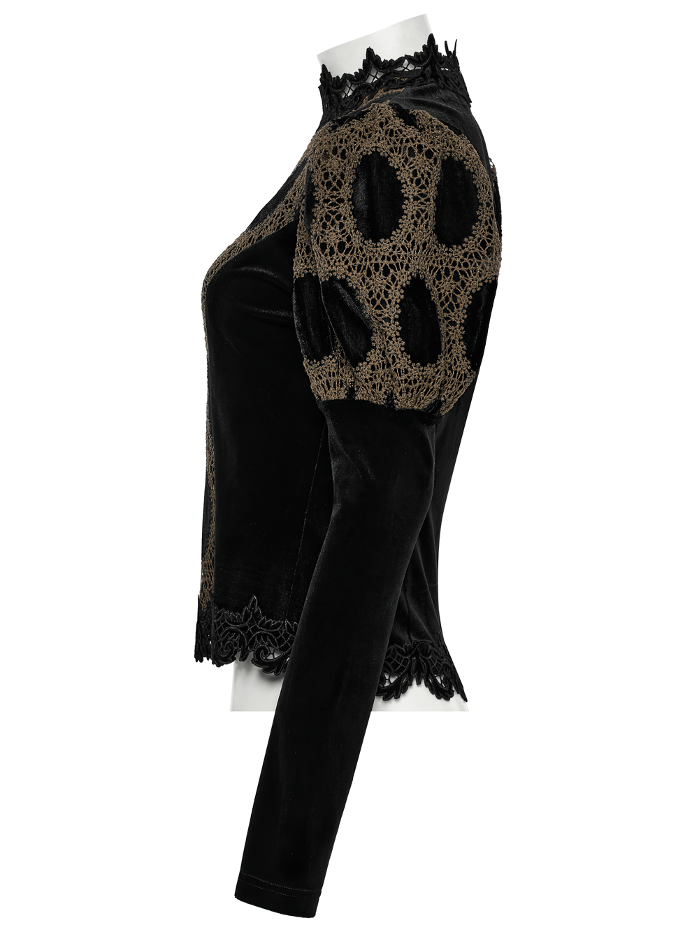 Elegant Victorian lace velvet top with bubble sleeves, showcasing intricate lace detailing and a stylish silhouette.