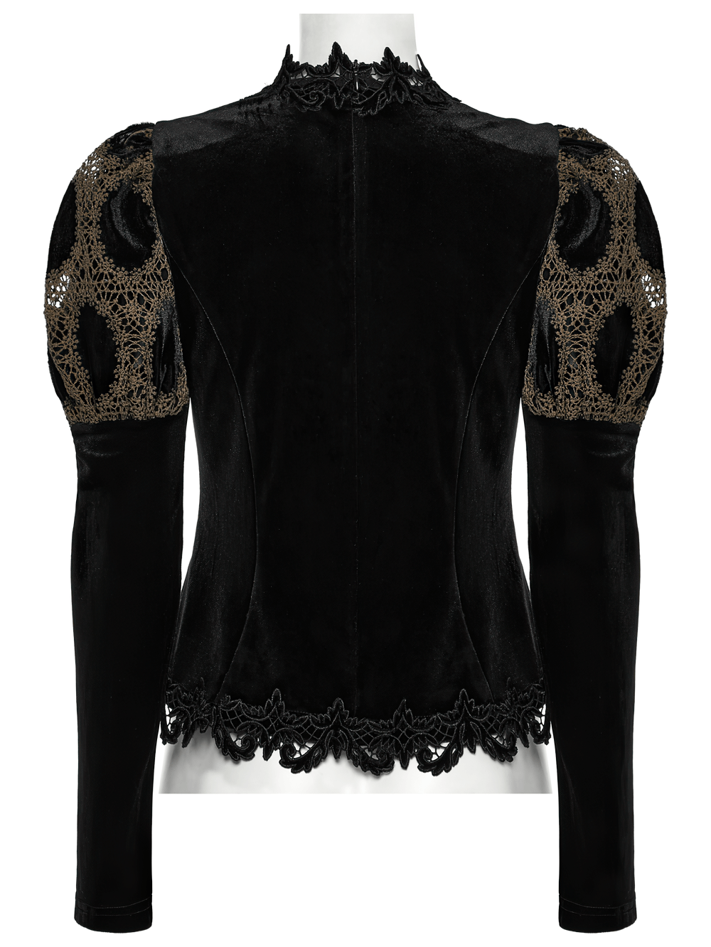 Elegant Victorian lace velvet top with bubble sleeves, showcasing intricate detailing and a chic back view.