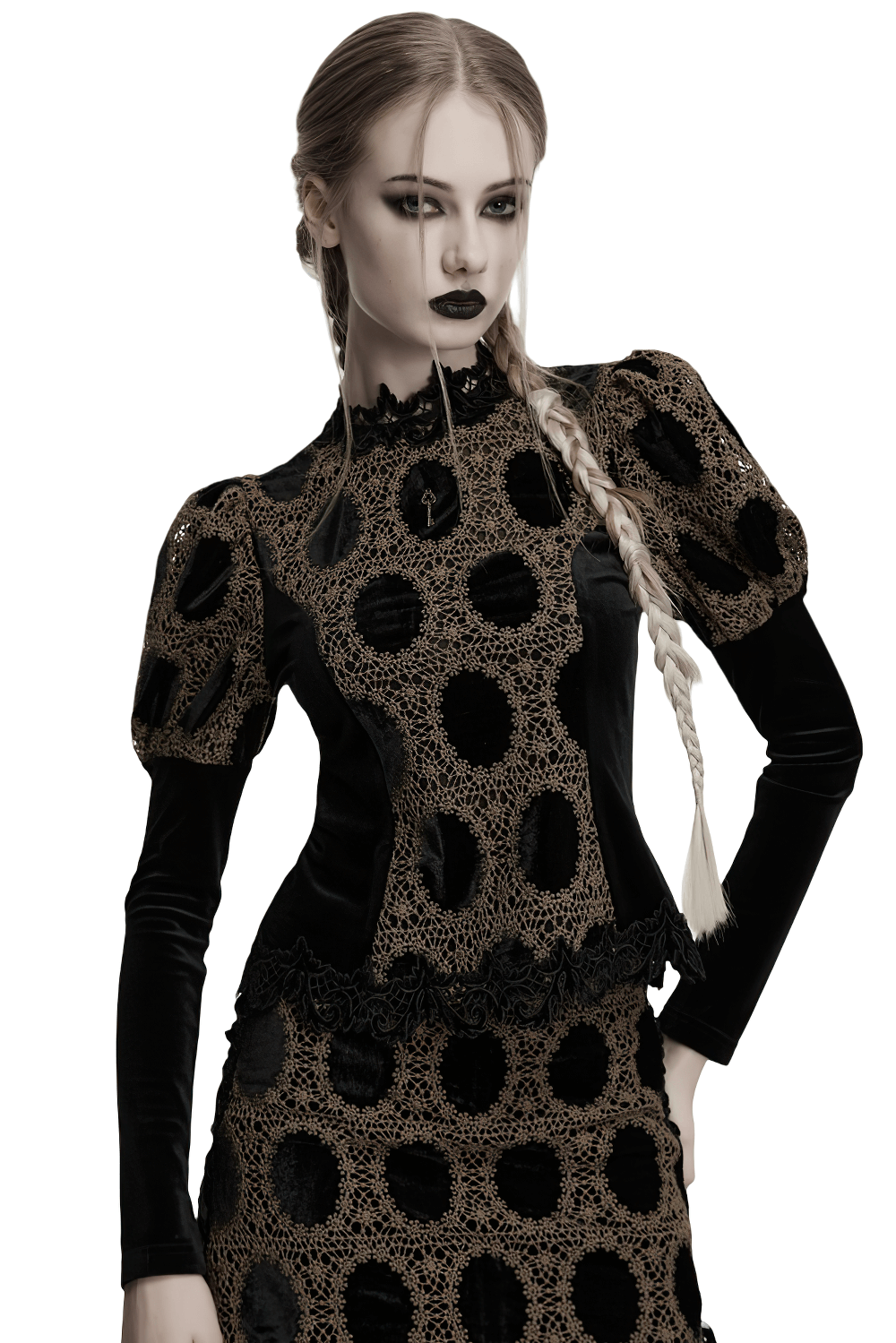 Elegant Victorian lace velvet top with bubble sleeves, perfect for a chic gothic-inspired look.