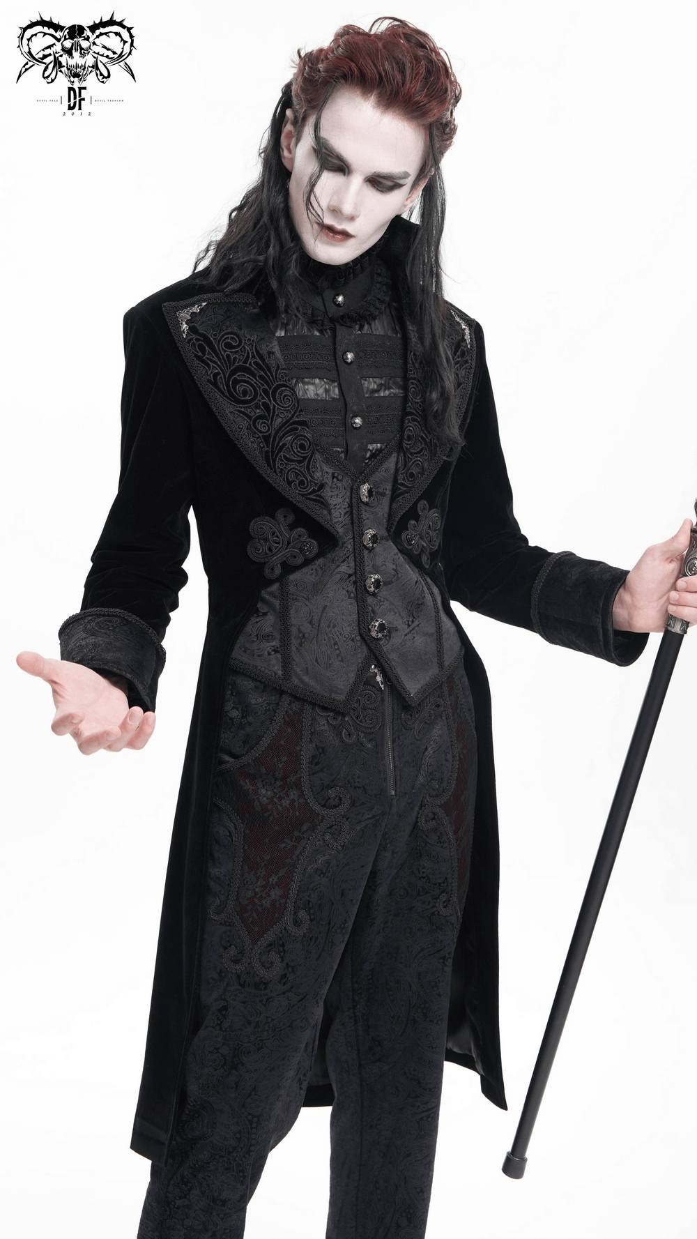 Elegant Victorian tailcoat in black velvet with intricate brocade details, perfect for gothic-themed events and reenactments.