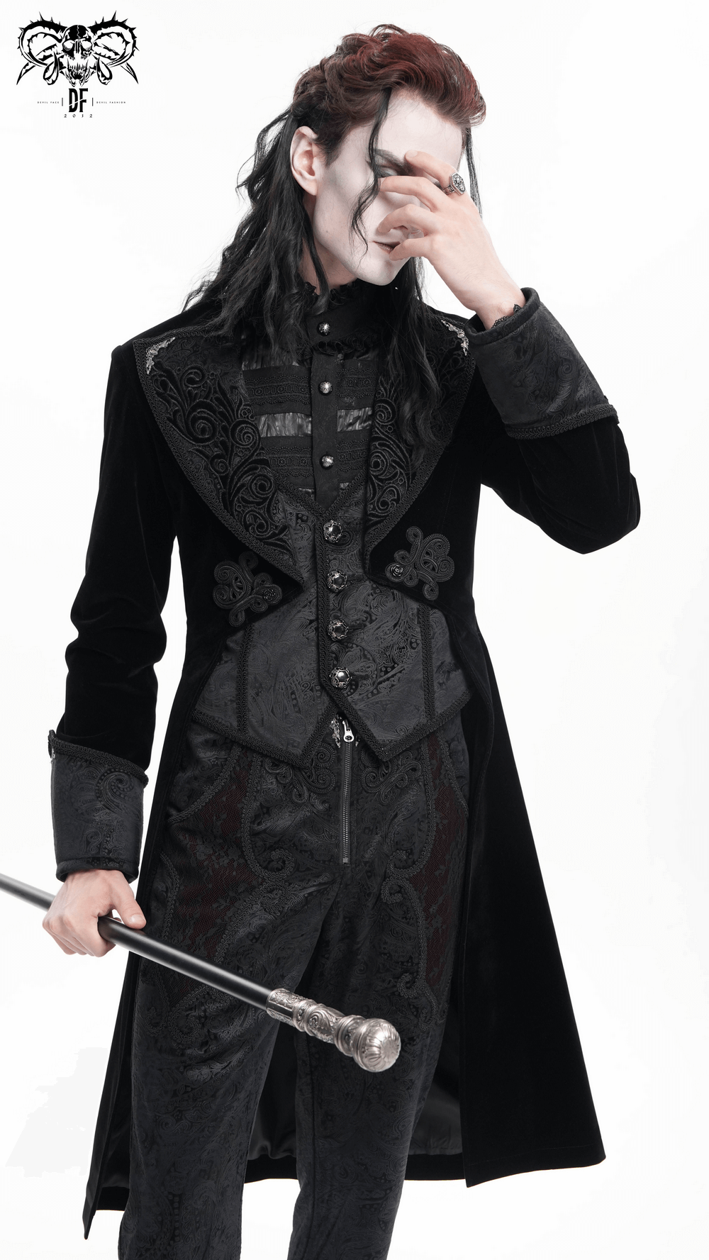 Elegant Victorian tailcoat with embroidered lapels, styled in luxurious velvet and intricate brocade details. Perfect for themed events.