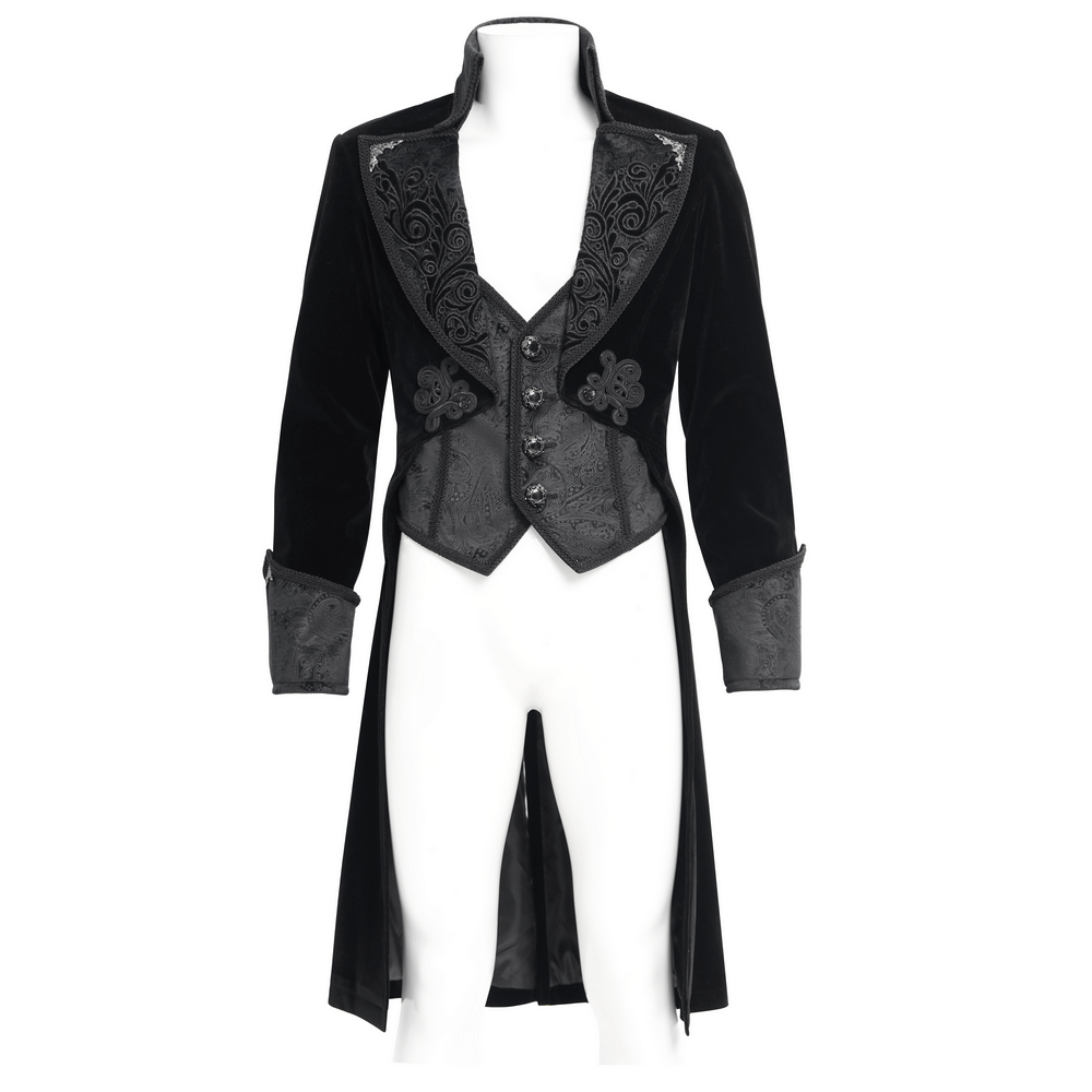 Elegant Victorian tailcoat in black velvet with embroidered lapels and intricate brocade details, perfect for gothic fashion.