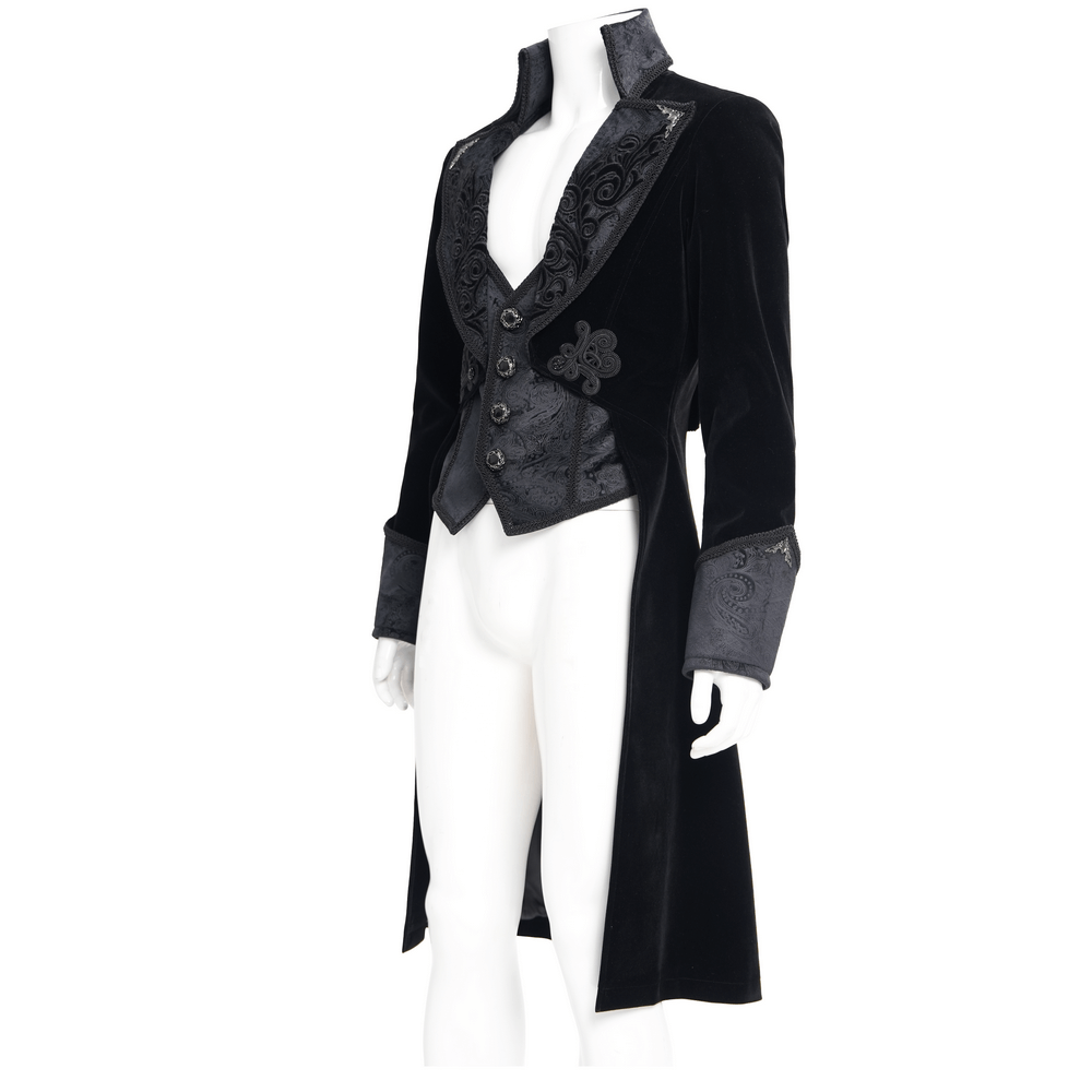 Elegant Victorian tailcoat with embroidered lapels and intricate brocade details, perfect for gothic-themed events.