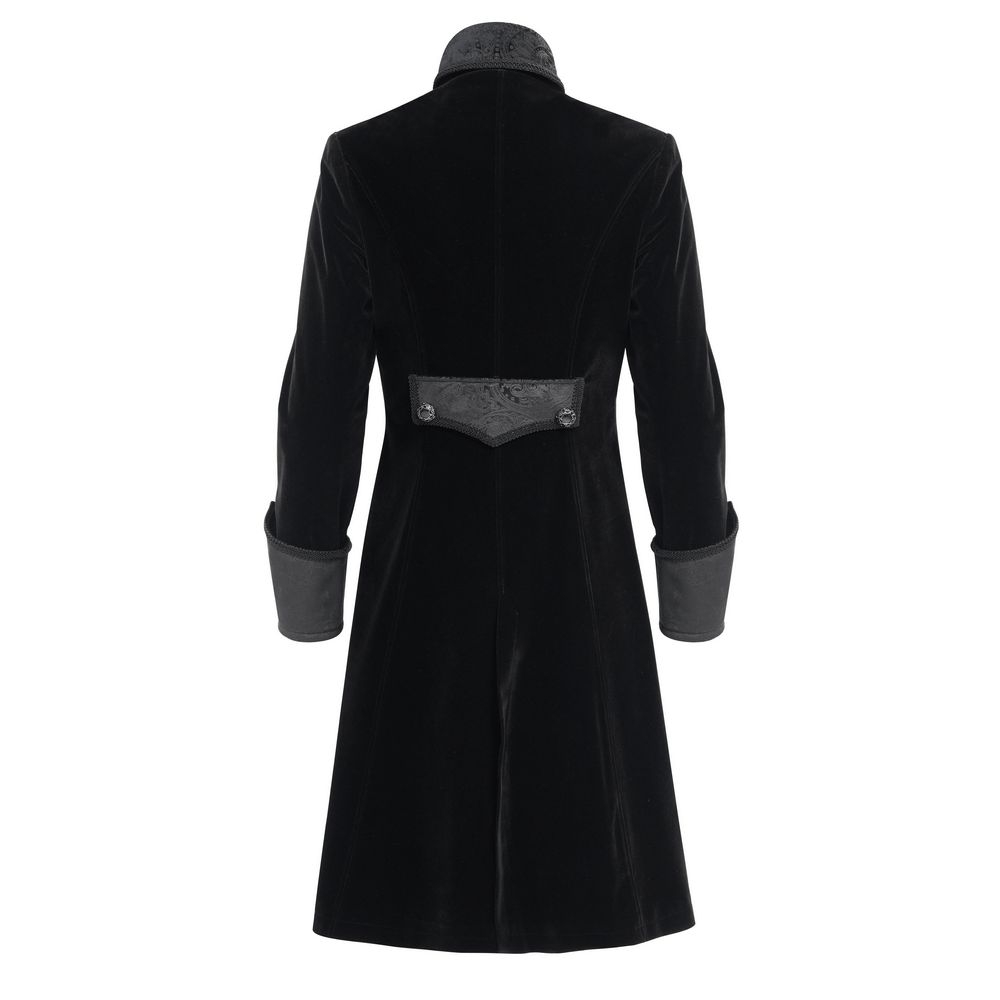 Elegant Victorian tailcoat in luxurious black velvet, featuring intricate details and a stylish back view. Perfect for vintage occasions.