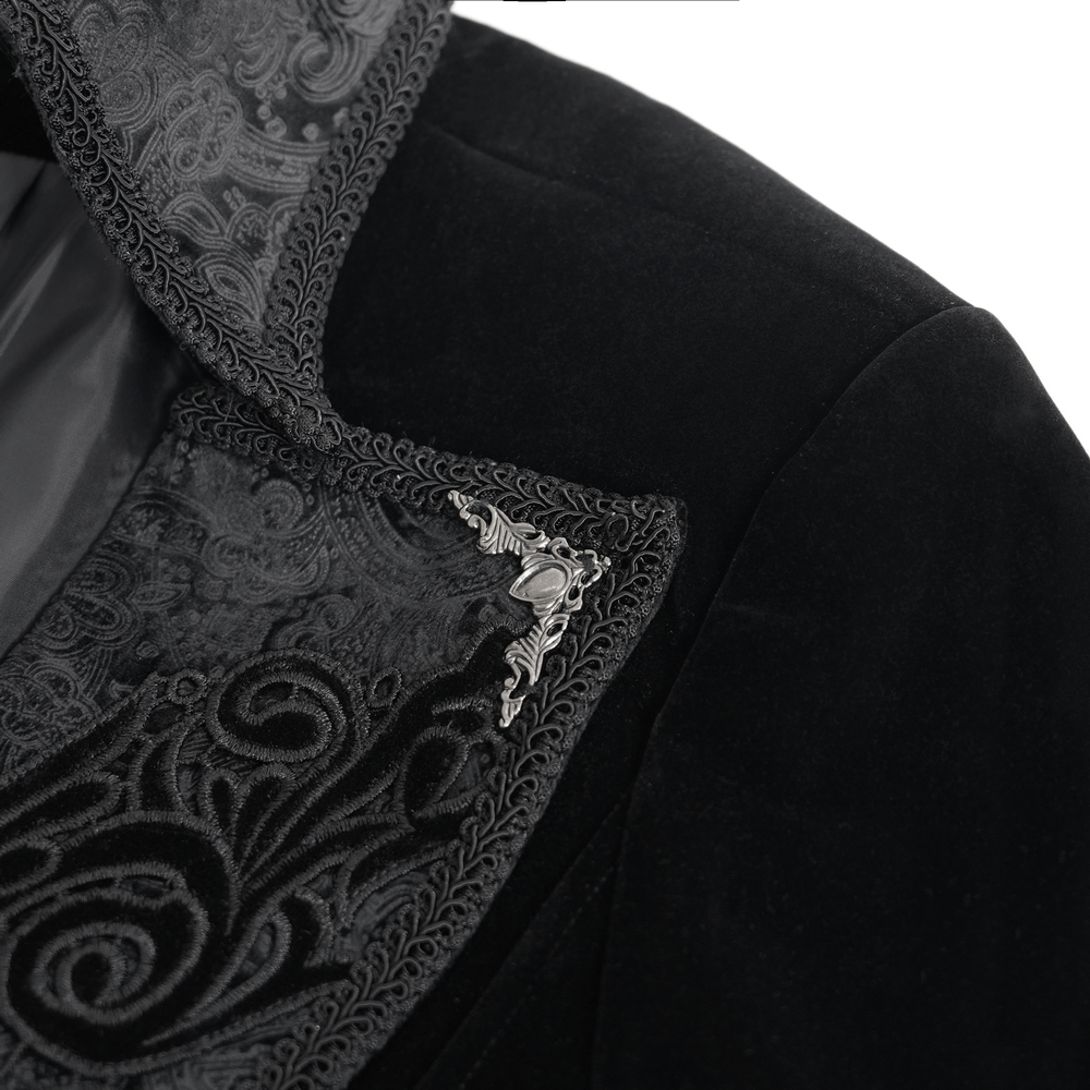 Close-up of the intricately embroidered lapels on an elegant Victorian tailcoat, featuring luxurious velvet and brocade details.