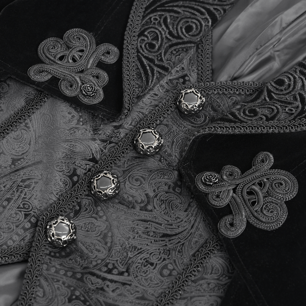 Elegant Victorian tailcoat showcasing intricate brocade and embroidered lapels in luxurious velvet fabric.