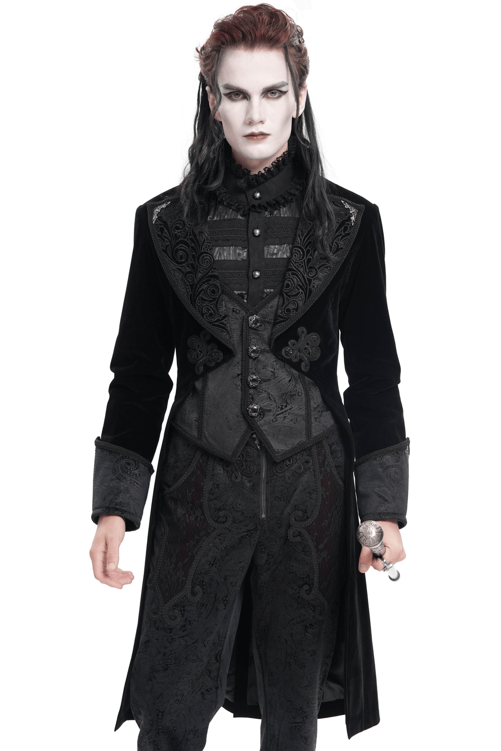 Elegant Victorian tailcoat with embroidered lapels, perfect for gothic style and formal events.