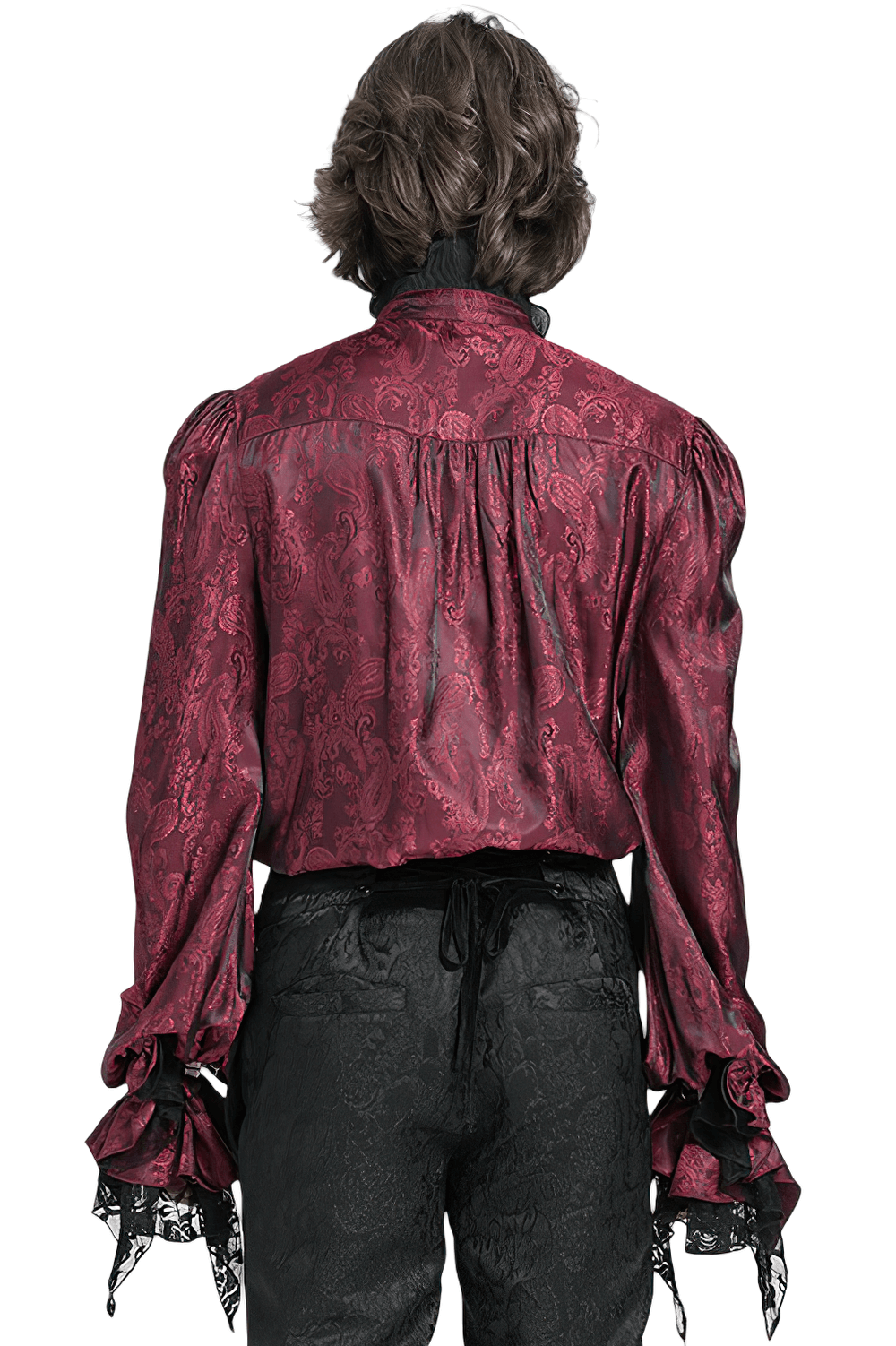 Back view of an elegant Victorian wine red lace shirt with ruffled sleeves, perfect for gothic fashion and cosplay.