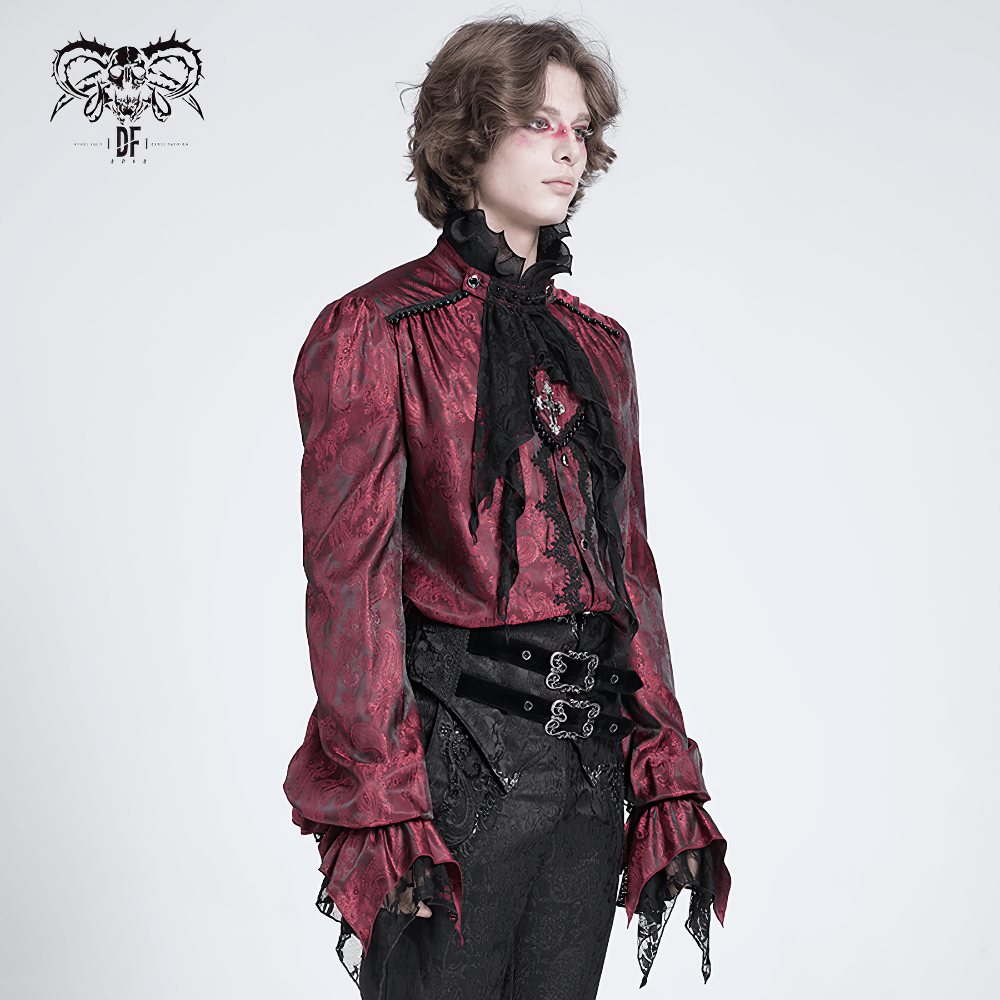 Elegant Victorian wine red ruffled lace men's shirt with high collar and puff sleeves, ideal for gothic style.