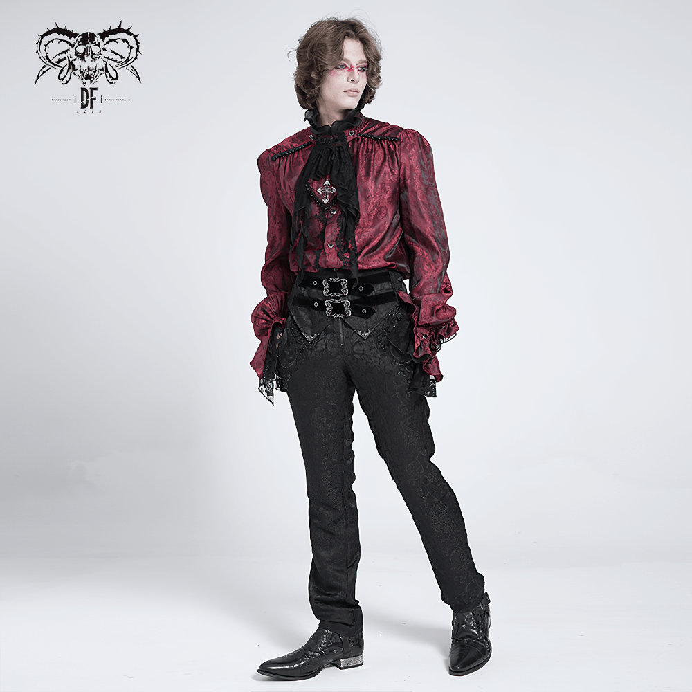 Elegant Victorian wine red ruffled lace shirt for men, perfect for gothic events or cosplay.