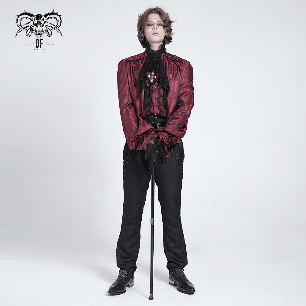 Gothic Victorian men's shirt in wine red with ruffles and lace, perfect for vampire-themed events and cosplay.