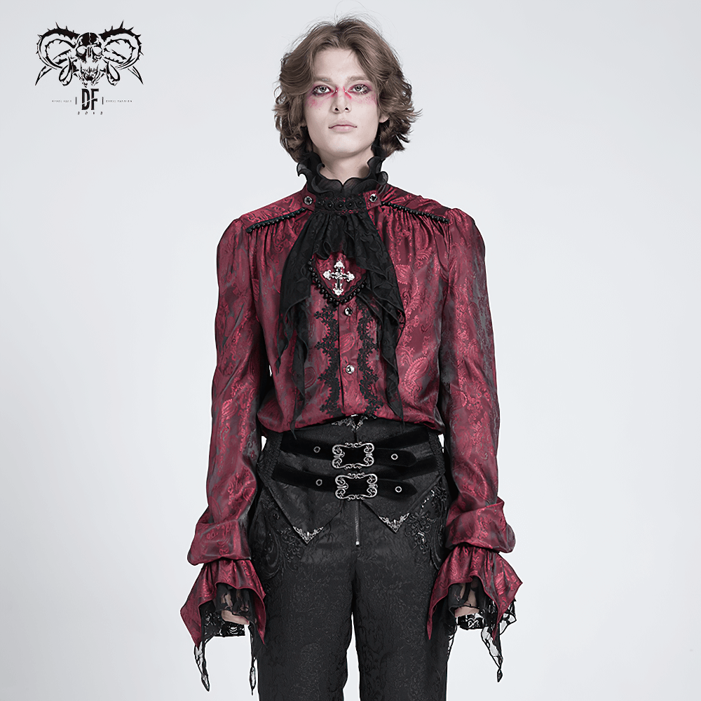 Elegant Victorian wine red ruffled lace shirt with high collar and dramatic cuffs, perfect for gothic fashion and cosplay.