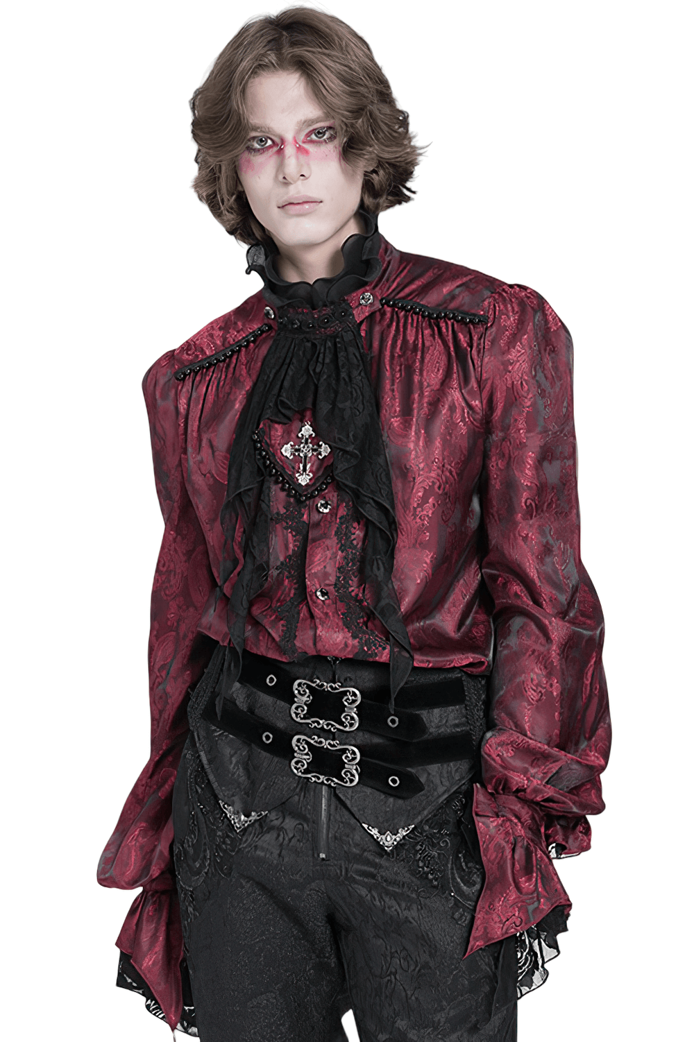 Elegant Victorian wine red shirt with lace frills, perfect for gothic events and vampire cosplay.