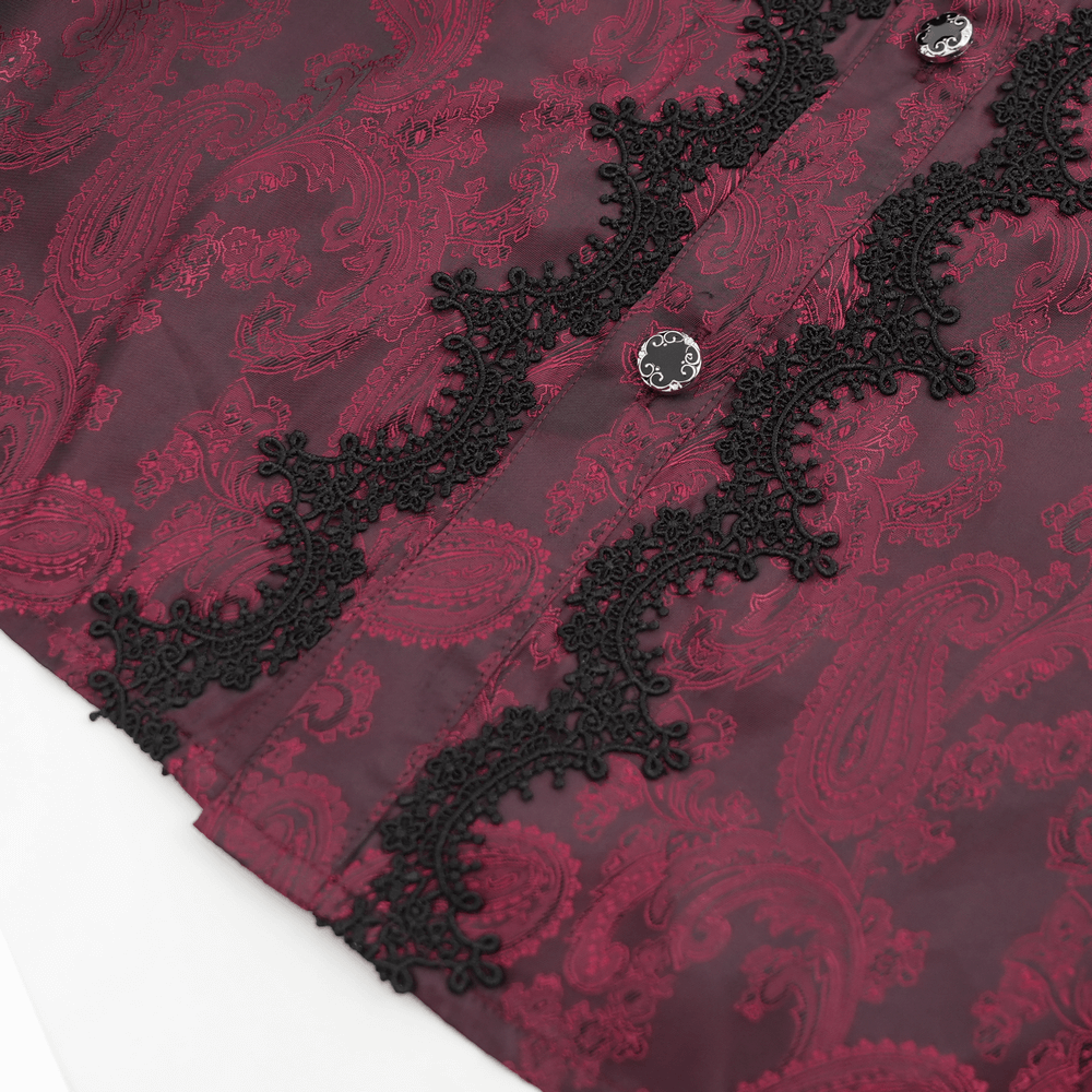 Elegant Victorian wine red shirt with intricate black lace trim and button details, perfect for gothic fashion.