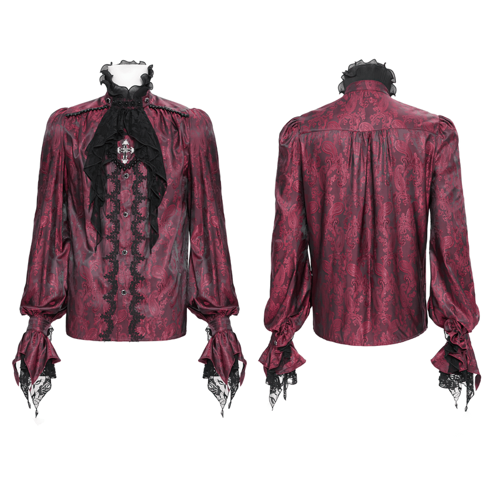 Elegant Victorian wine red ruffled lace men's shirt featuring a high collar and dramatic cuffs for gothic style.