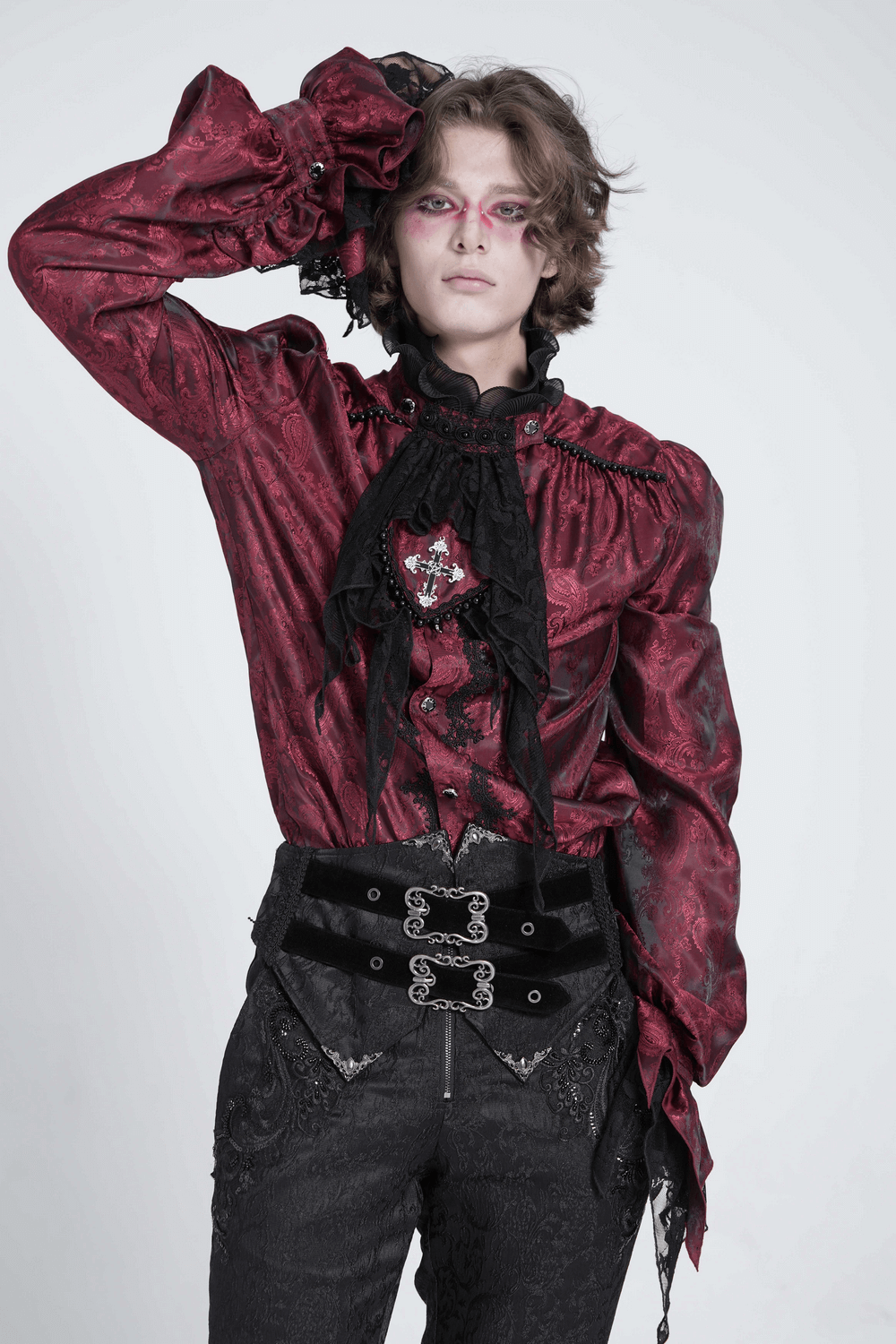 Elegant Victorian wine red ruffled lace shirt with gothic details and a dramatic vampire aesthetic.
