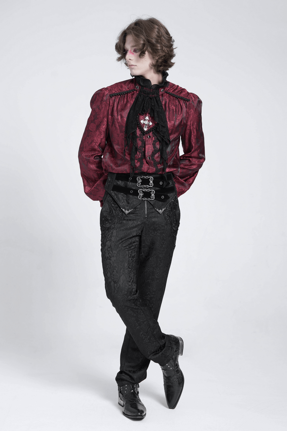 Elegant Victorian wine red ruffled lace shirt with high collar and dramatic cuffs for gothic fashion.