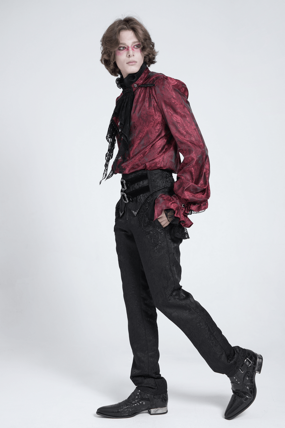Elegant Victorian wine red ruffled lace men's shirt worn by a model, showcasing a gothic vampire style.