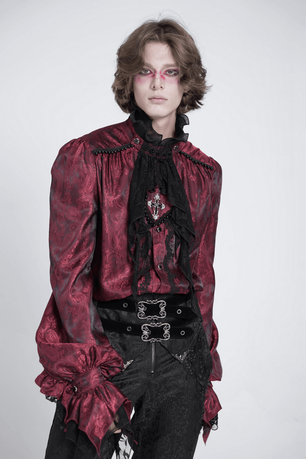 Elegant Victorian wine red ruffled lace men's shirt, showcasing gothic style and vampire punk vibe.