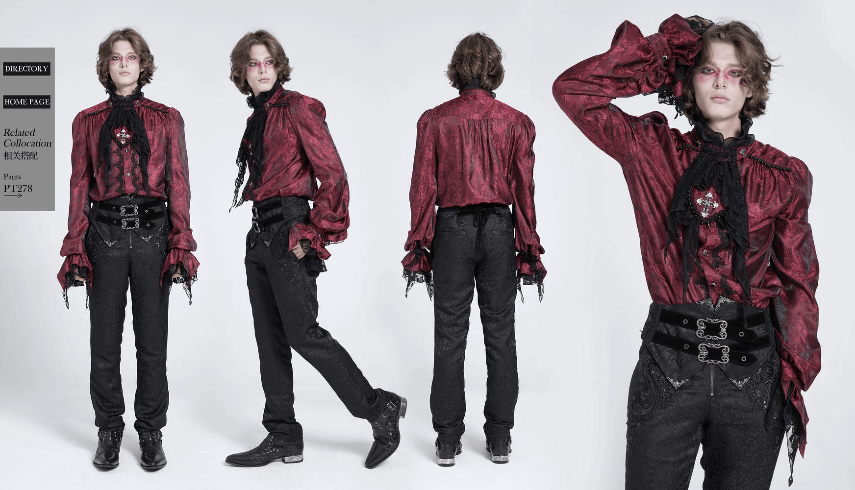 Elegant Victorian wine red ruffled lace men's shirt, featuring a high collar and dramatic lace cuffs, perfect for gothic style.