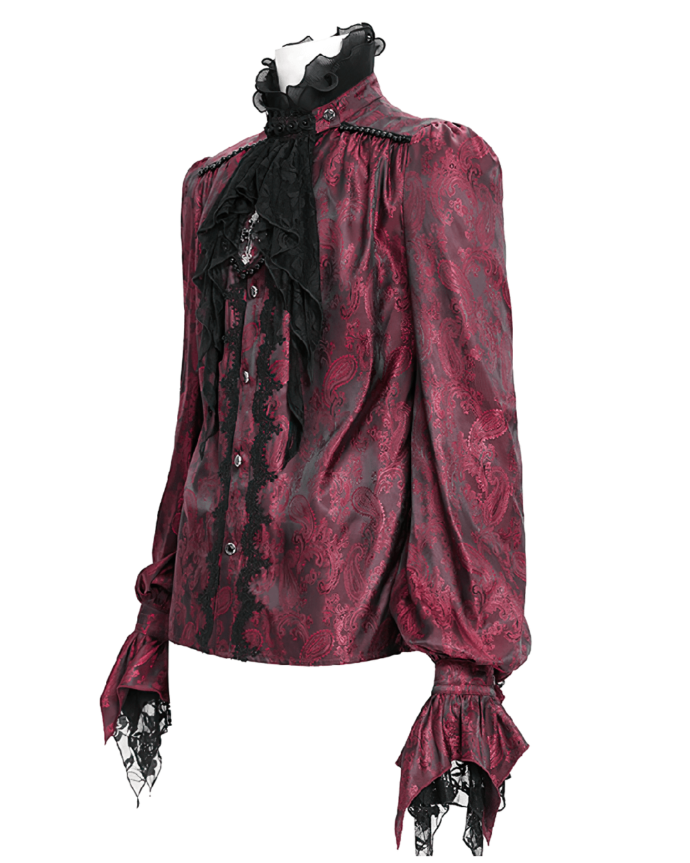 Elegant Victorian wine red ruffled lace shirt with high collar and dramatic cuffs for gothic fashion.