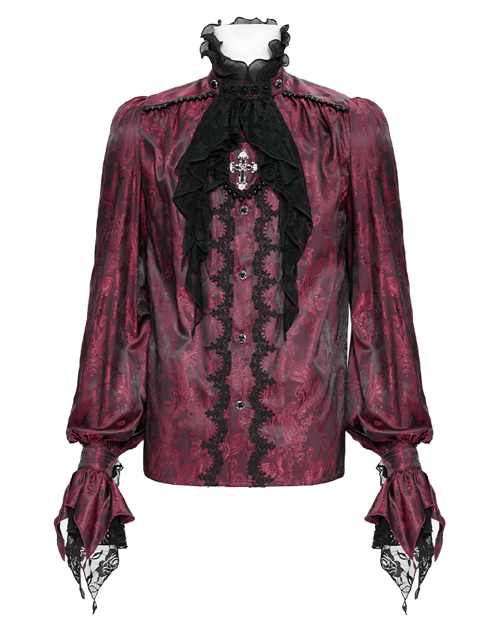 Elegant Victorian wine red ruffled lace men's shirt with high collar and dramatic cuffs for gothic fashion.