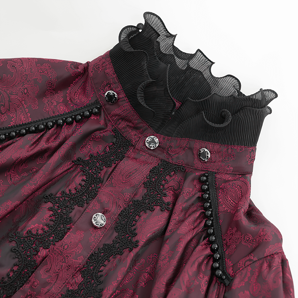 Elegant Victorian wine red shirt with ruffled high collar and lace detailing, perfect for gothic events and cosplay.