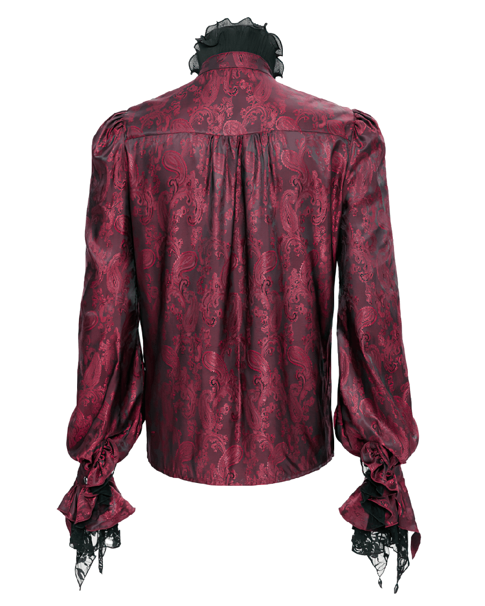 Back view of an Elegant Victorian Wine Red Ruffled Lace Men's Shirt with dramatic lace cuffs and puff sleeves.