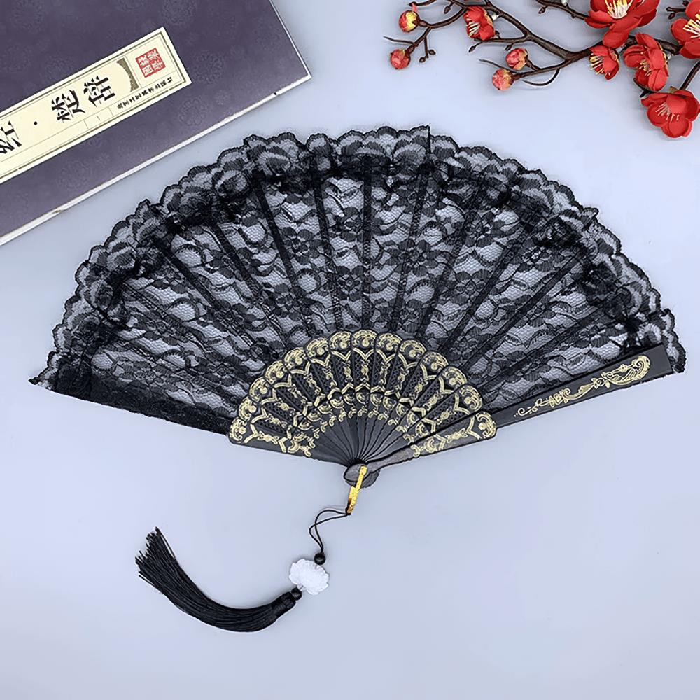 Elegant Vintage Gothic Lace Folding Hand Fans black style 1, one size with ornate gold detailing and tassel
