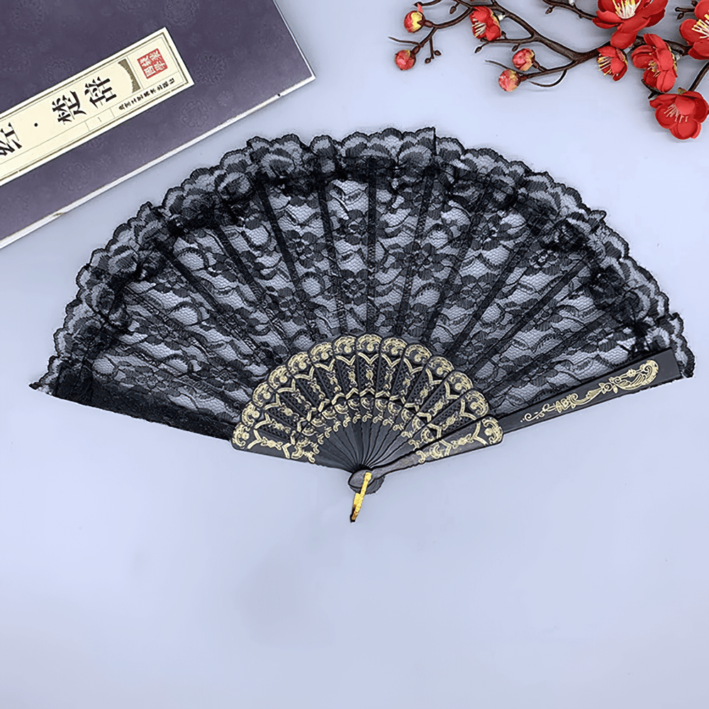 Elegant Vintage Gothic Lace Folding Hand Fans black Style 2 One Size with floral lace and gold-tone detailing