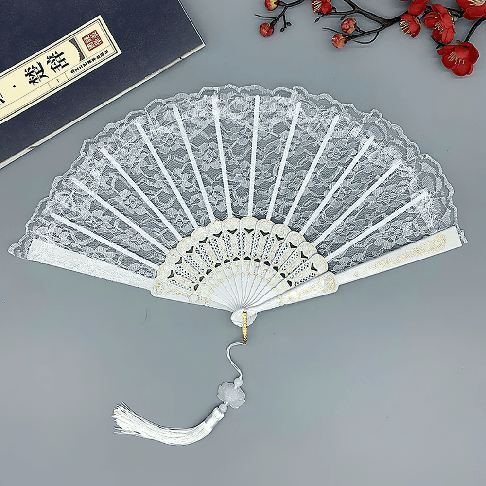 Elegant Vintage Gothic Lace Folding Hand Fans white one size with floral lace, gold detailing and tassel