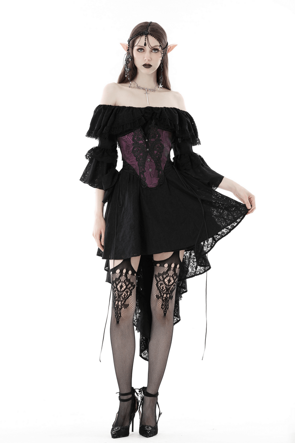 Elegant woman wearing a Victorian lace corset belt in purple, styled with a gothic black dress and lace stockings.