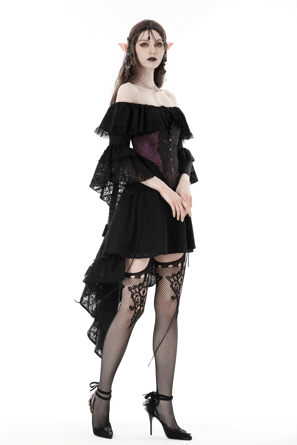 Woman in Victorian lace corset belt with off-shoulder dress and thigh-high stockings, exuding gothic elegance.