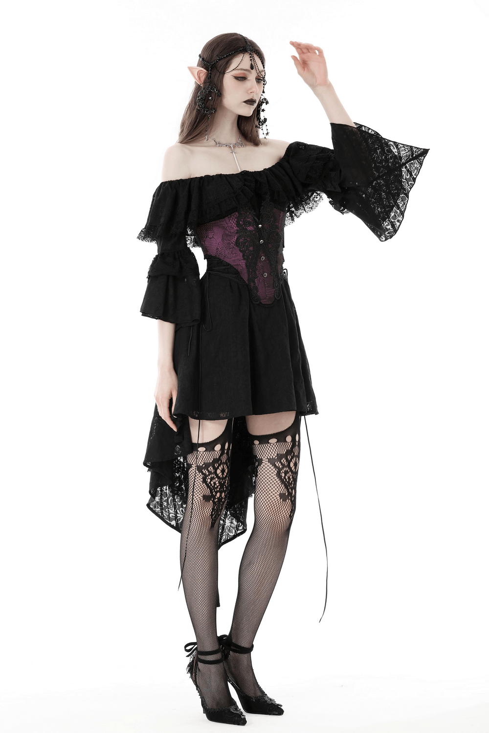 Elegant Victorian lace-up corset belt styled with an off-shoulder gothic dress and lace stockings.