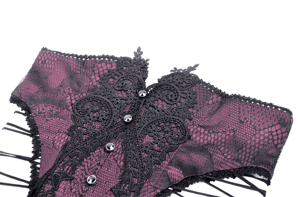 Elegant vintage lace-up corset belt in rich purple with intricate black lace details.