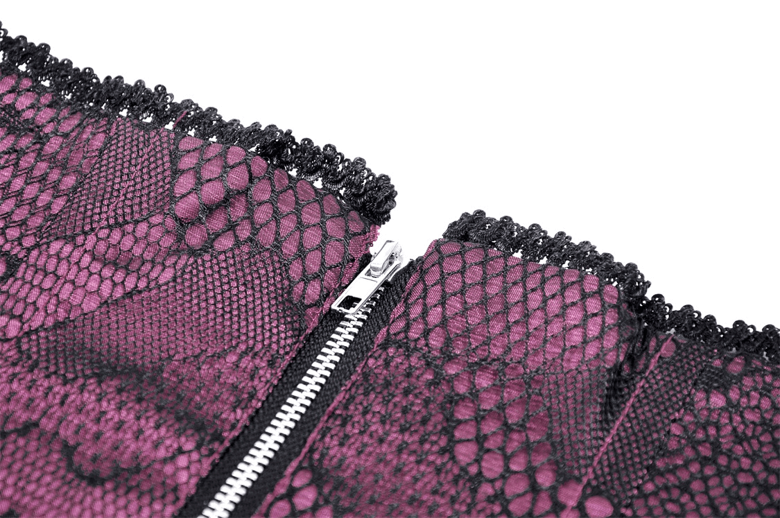 Elegant vintage lace corset belt in rich purple with intricate lace detailing and a stylish zipper.