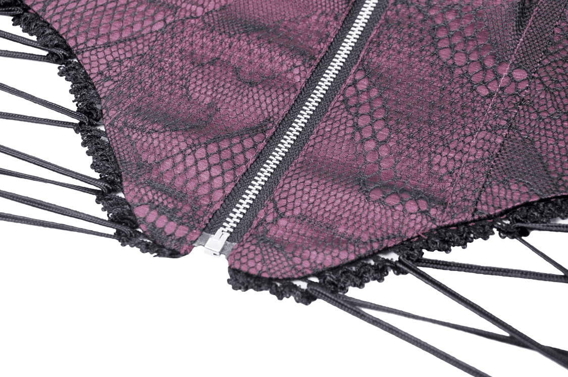 Close-up of a vintage lace-up corset belt in rich purple with intricate snake print and delicate lace detailing.