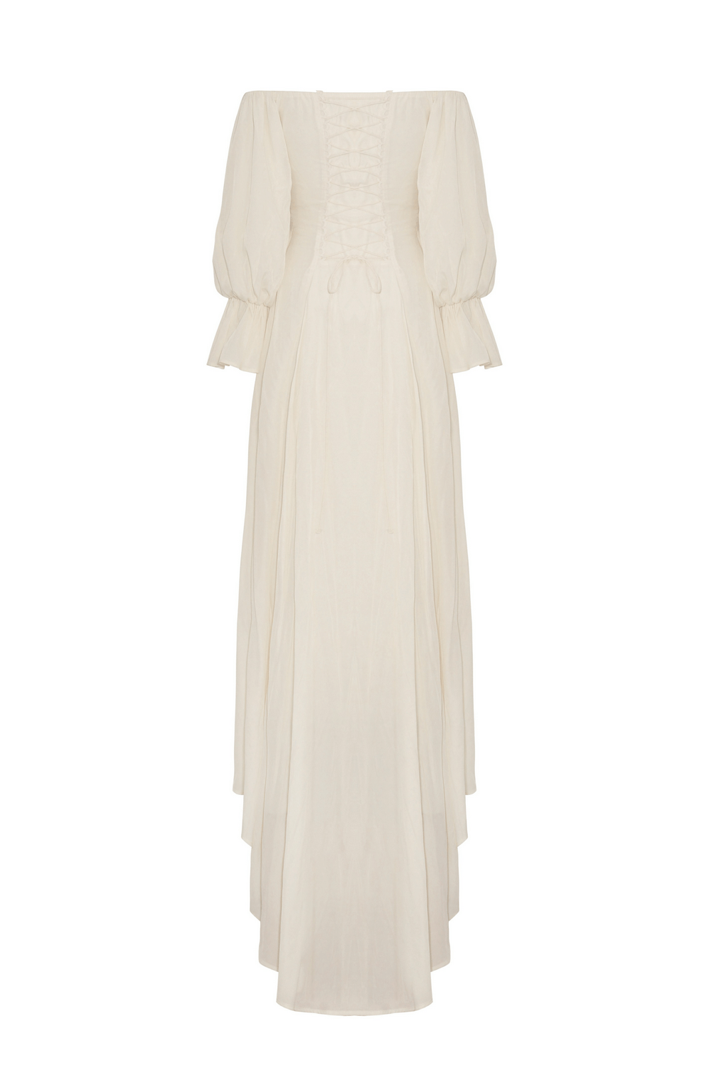 Elegant vintage ivory maxi dress with lace detail and flowing hem, perfect for romantic formal occasions.