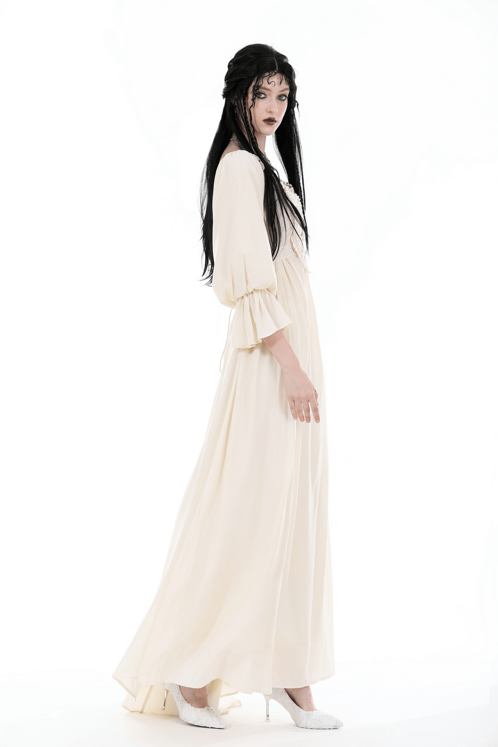 Elegant vintage long sleeves maxi dress in ivory with lace detail, perfect for romantic occasions.